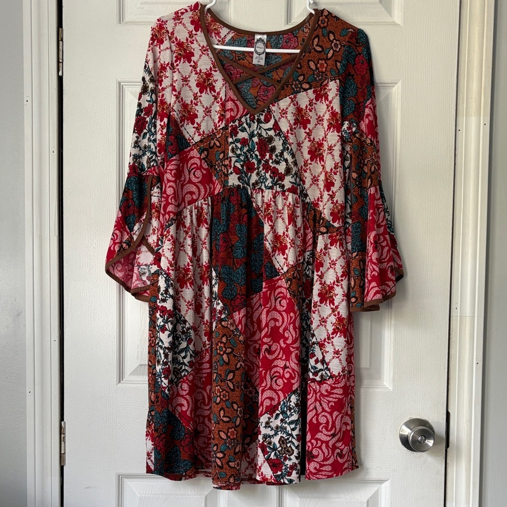 Honeyme Women’s Red and White Patchwork Floral 3/4 Sleeve Dress